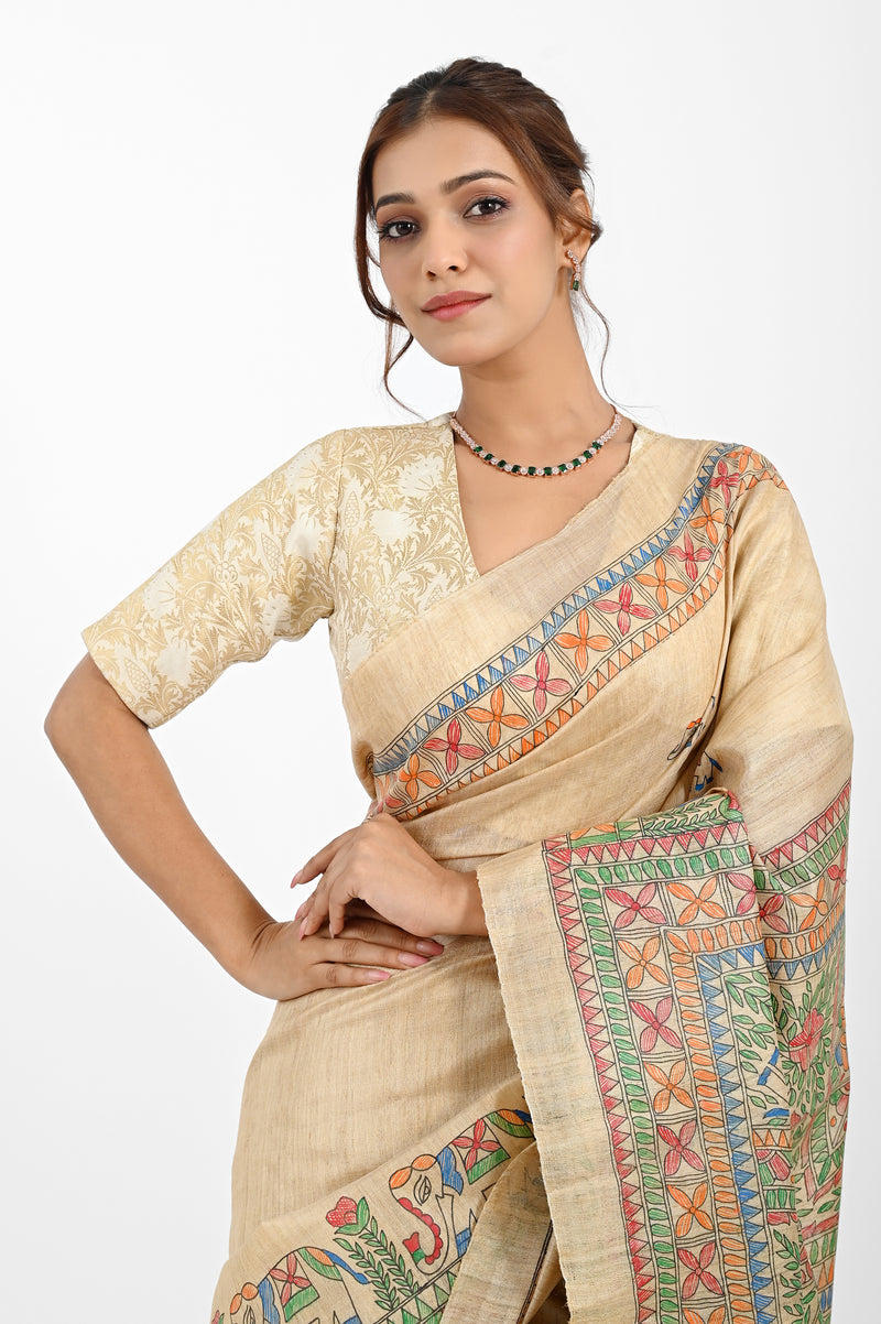 Artistic Beige Tussar Silk Saree with Hand-Painted Madhubani Art