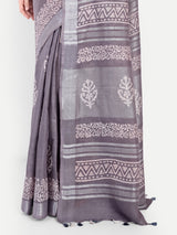 Elegant Grey Block Print Cotton Saree