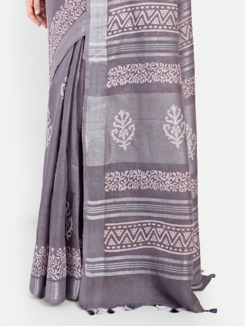 Elegant Grey Block Print Cotton Saree
