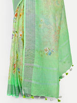 Fresh Lime Green Floral Digital Print Linen Saree