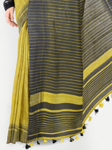 Contemporary Lime Yellow & Charcoal Grey Ghicha Silk Saree