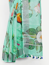 Vibrant Sea Green Digital Print Linen Saree