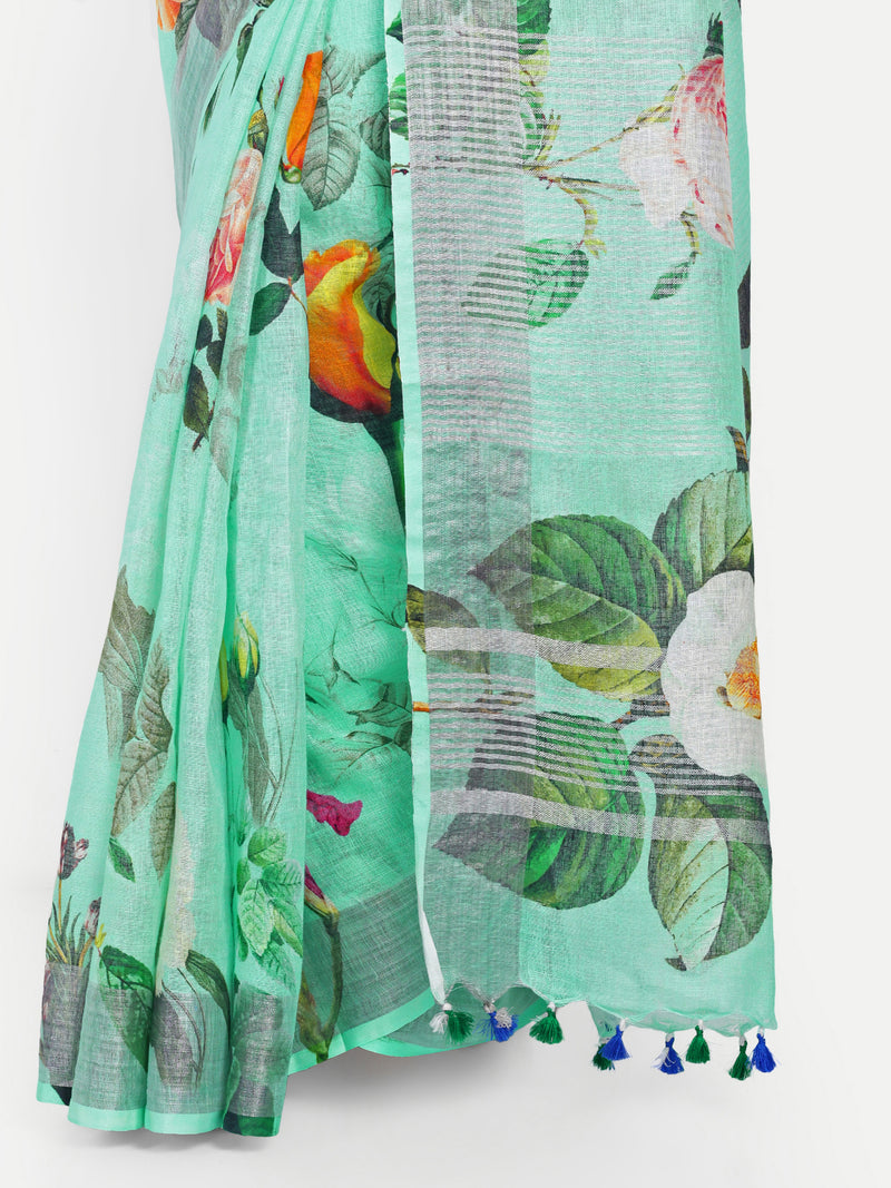 Vibrant Sea Green Digital Print Linen Saree