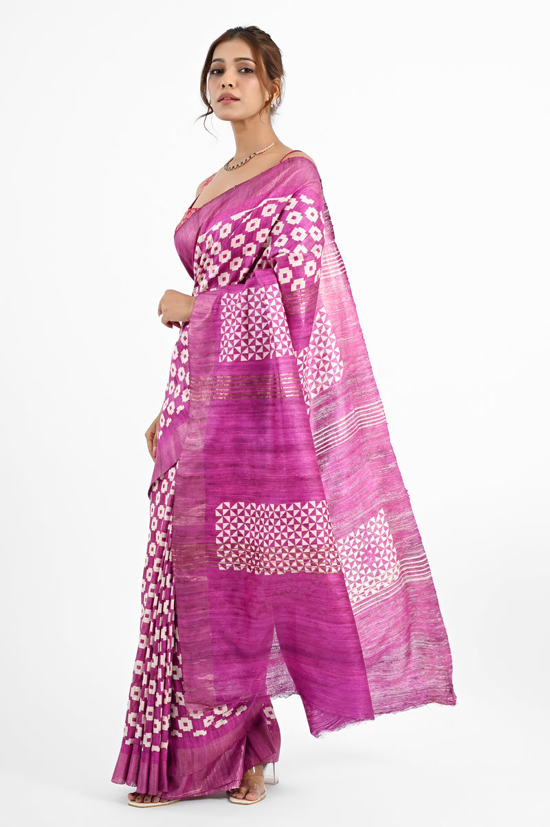 Vibrant Pink Ghicha Silk Saree with Geometric Screen Print