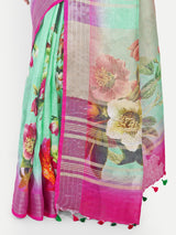 Vibrant Sea Green & Rani Pink Digital Print Linen Saree