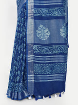 Classic Indigo Blue Block Print Cotton Saree