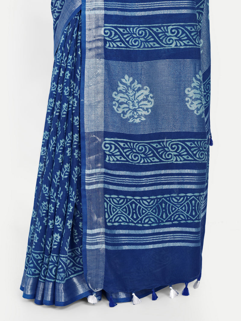 Classic Indigo Blue Block Print Cotton Saree