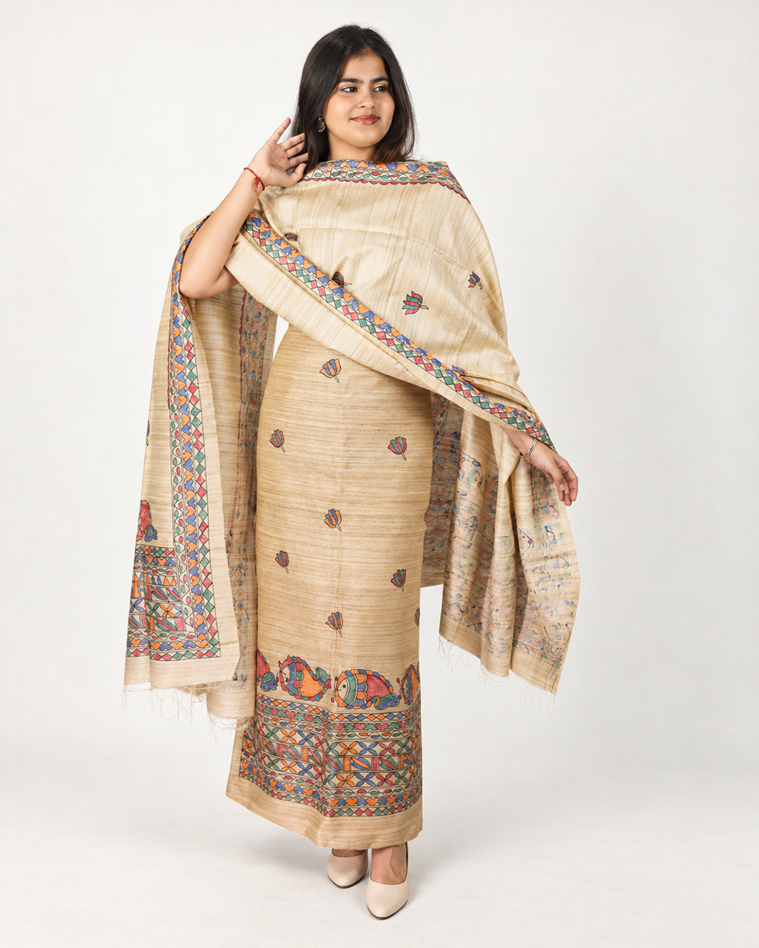 GHICHA SILK MADHUBANI PAINTED SUIT SET