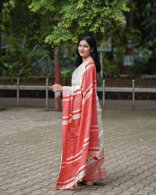 OFF-WHITE & RED GHICHA SILK SAREE