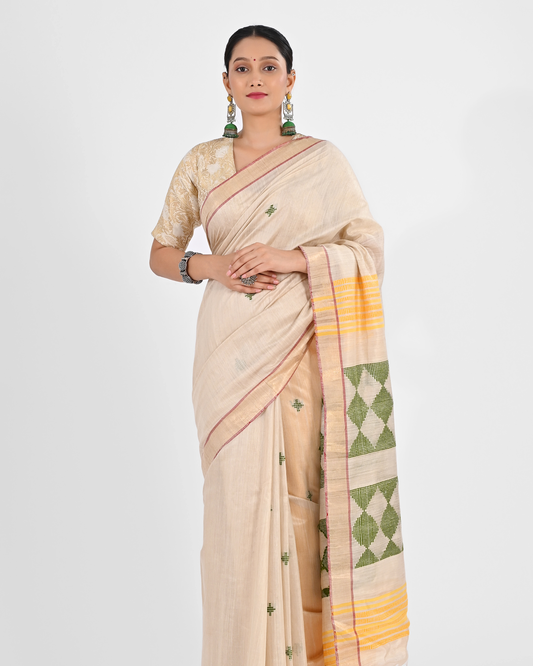 CREAM MUGA SILK SAREE WITH MADHUBANI ART