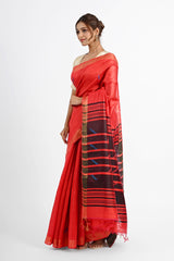 Bold Red Dupion Silk Saree with Black & Blue Striped Aanchal