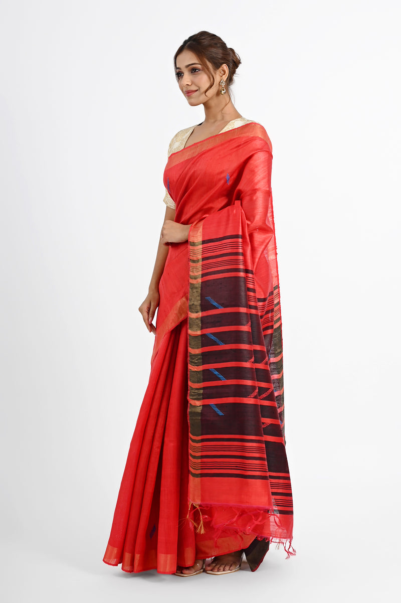 Bold Red Dupion Silk Saree with Black & Blue Striped Aanchal