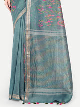 Elegant Dusty Teal Tussar Linen Saree with Floral Embroidery