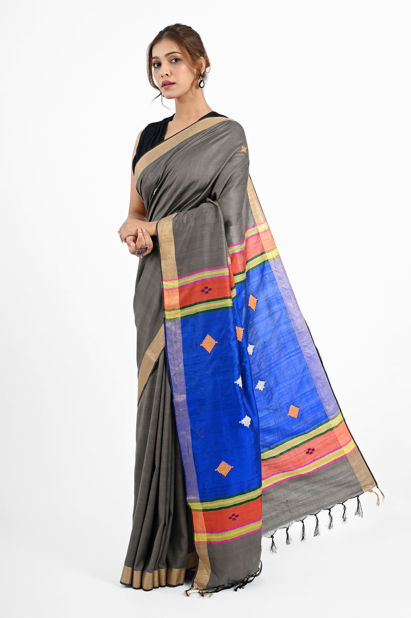Grey Eri Silk Saree with Bawan Buta Dupion Aanchal