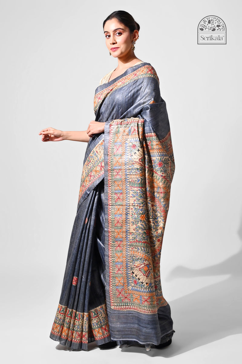 Charcoal Grey Ghicha Silk Saree with Hand-Painted Madhubani Art | Handloom Indian Saree