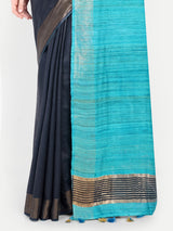 Elegant Charcoal Grey & Turquoise Blue Silk Saree