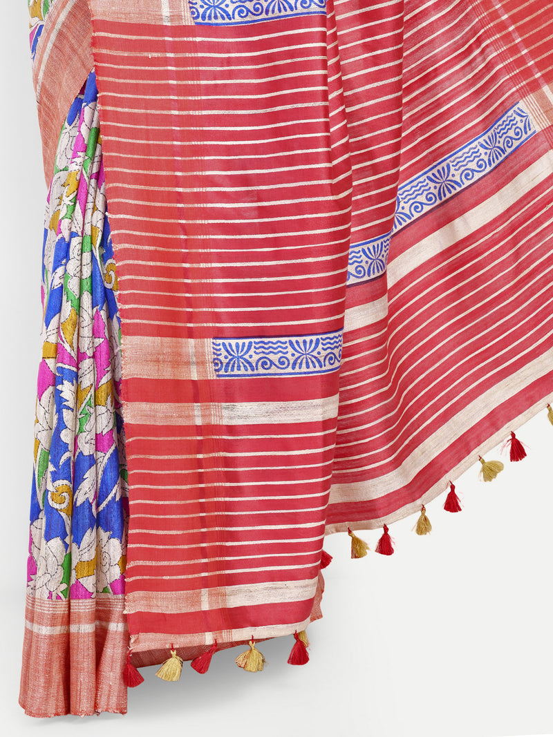 Artistic Hand-Painted Ghicha Silk Saree with Striped Pallu