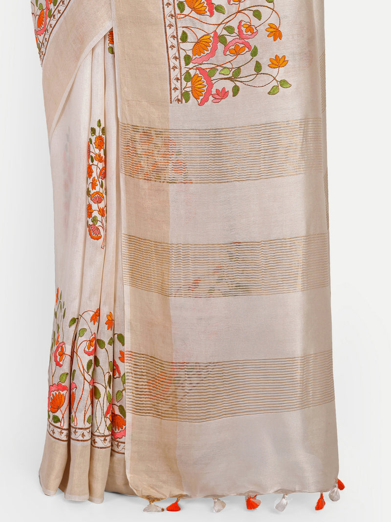 Elegant Off-White Modal Silk Saree with Floral Embroidery