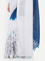 Elegant Indigo & White Dual-Tone Linen Saree with Floral Hand Embroidery
