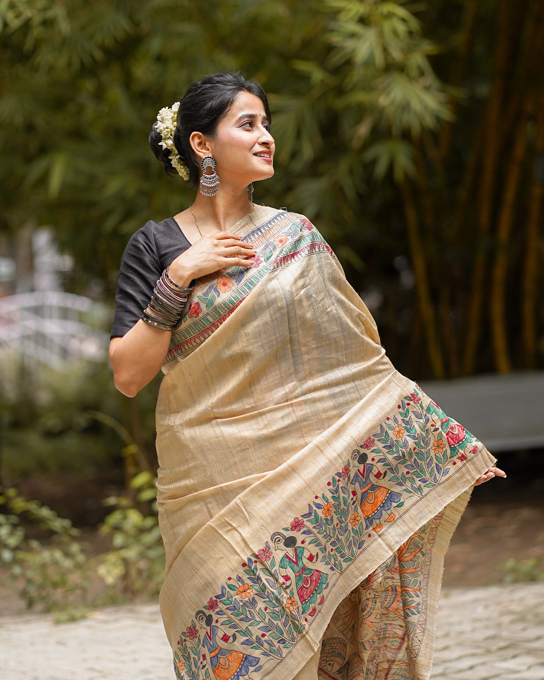 BEIGE TRIBAL GHICHA SILK SAREE