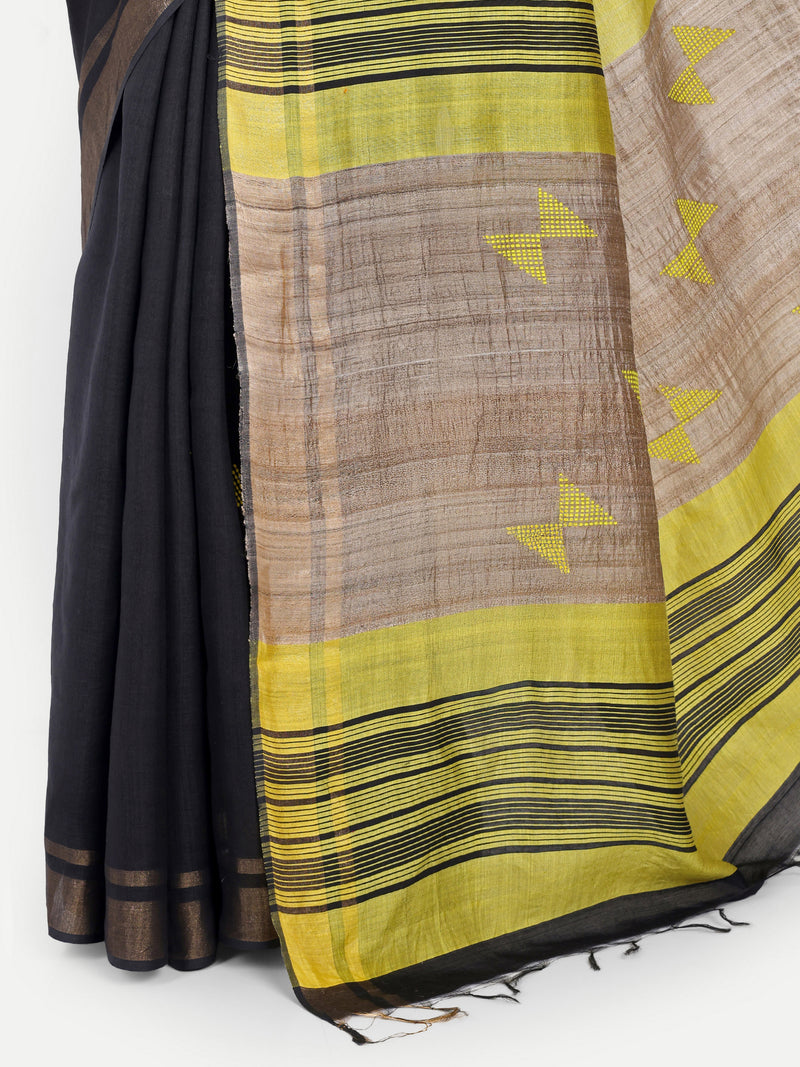 Contemporary Black & Yellow Eri Silk Saree with Woven Motifs