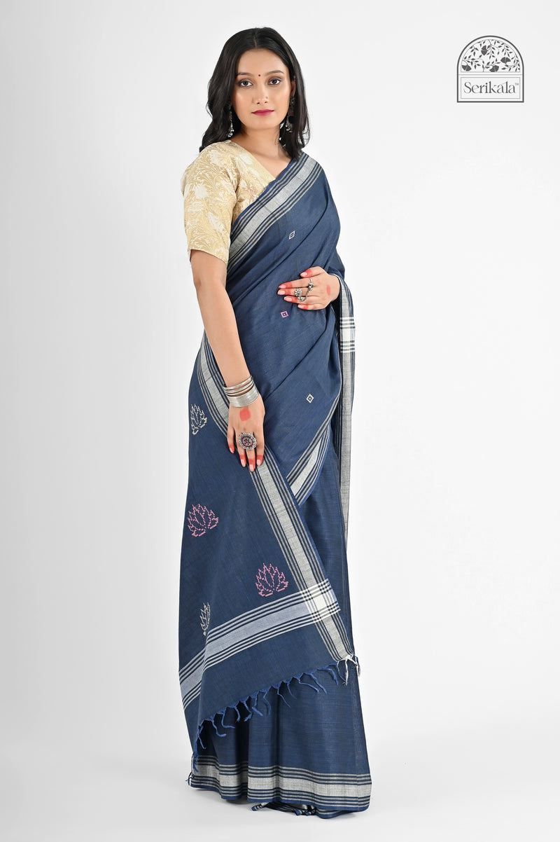 Elegant Indigo Blue Pure Cotton Saree with Bawan Buta Work | Handloom Daily Wear - Serikala