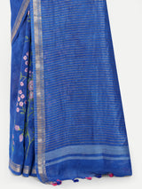 Exquisite Royal Blue Linen Saree with Pink Floral Embroidery