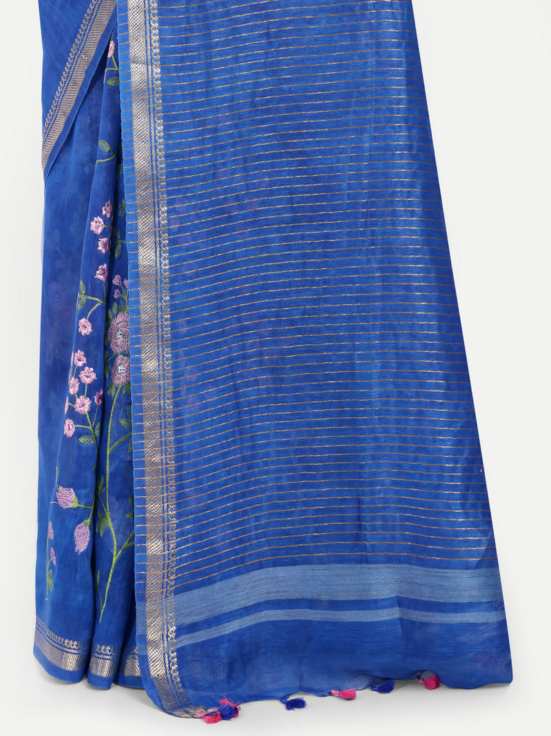 Exquisite Royal Blue Linen Saree with Pink Floral Embroidery