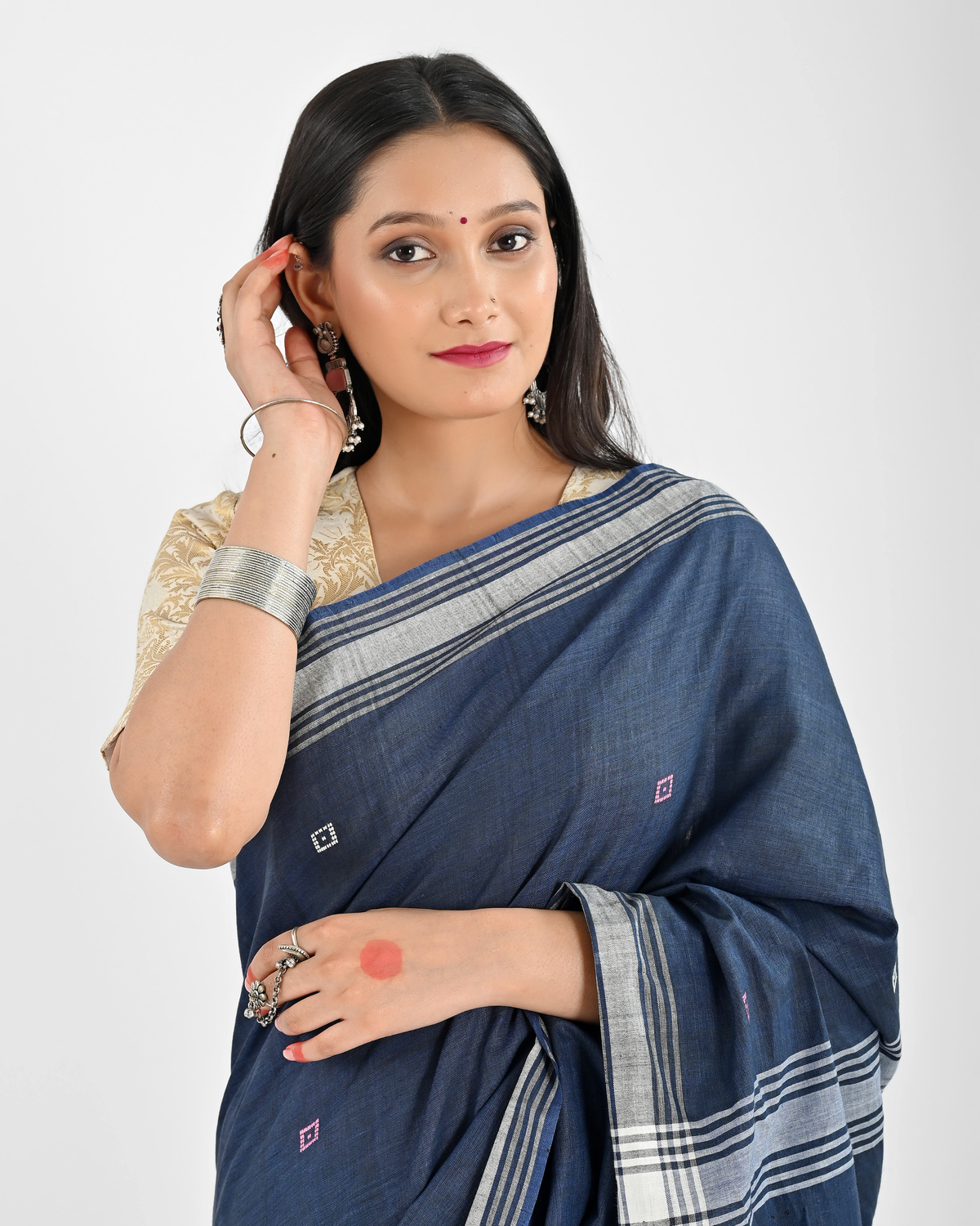 INDIGO BLUE COTTON SAREE WITH 52 BUTI WORK