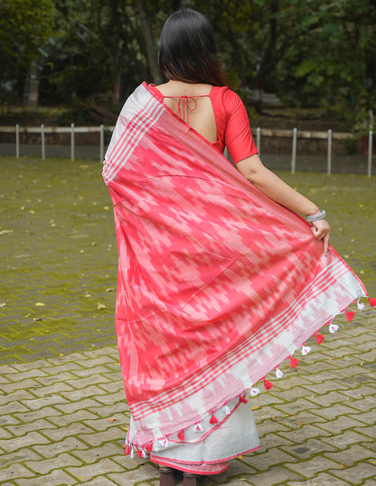 WHITE & PINK HANDWOVEN COTTON IKAT SAREE