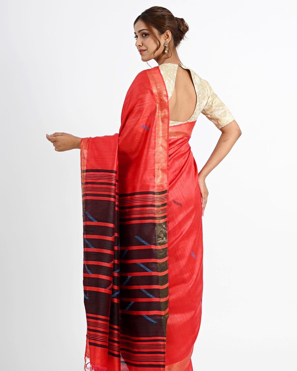RED DUPION SILK SAREE WITH BLACK AANCHAL