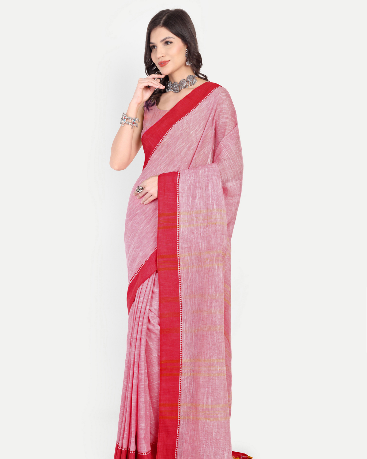 PINK & RED COTTON SLUB SAREE