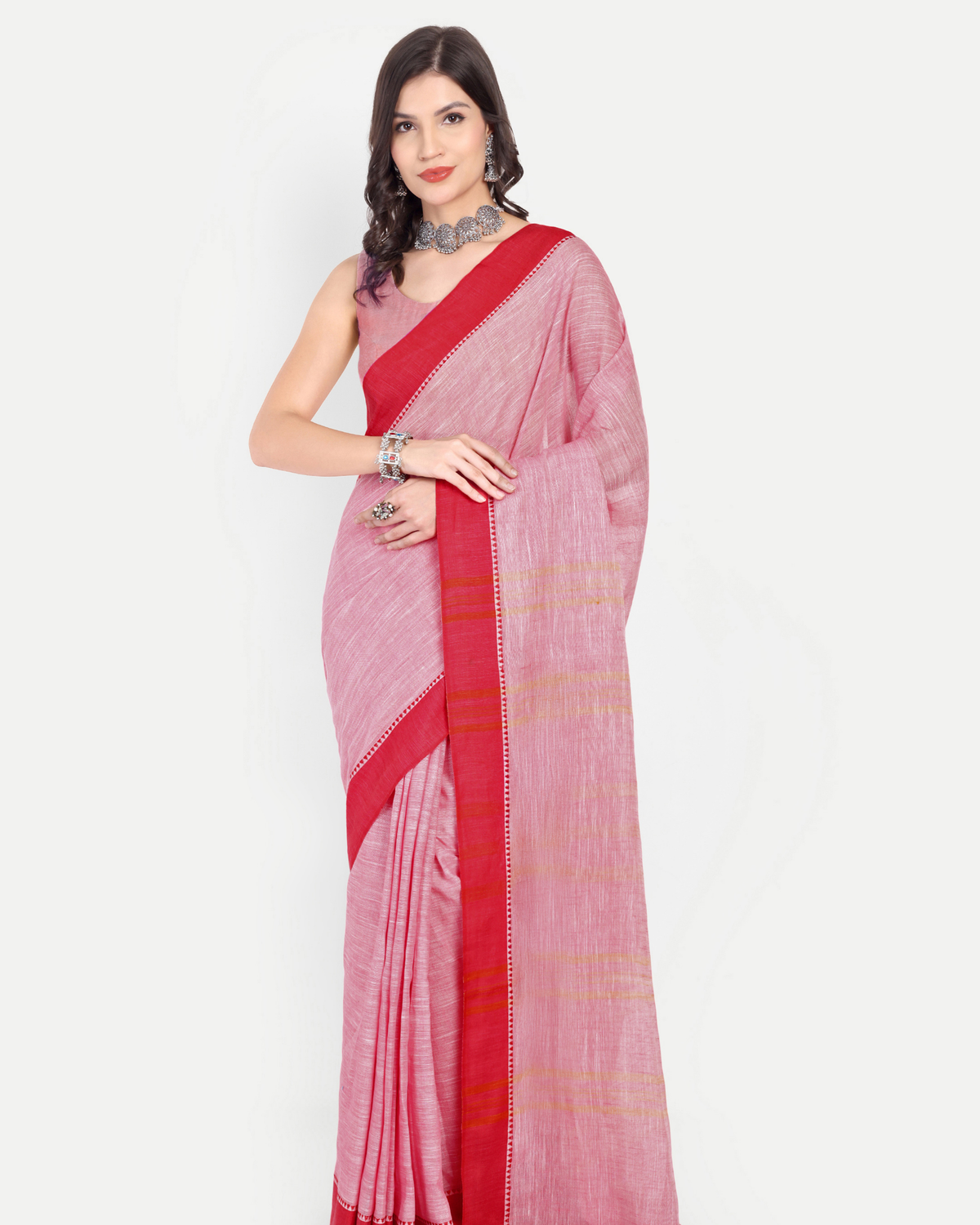PINK & RED COTTON SLUB SAREE
