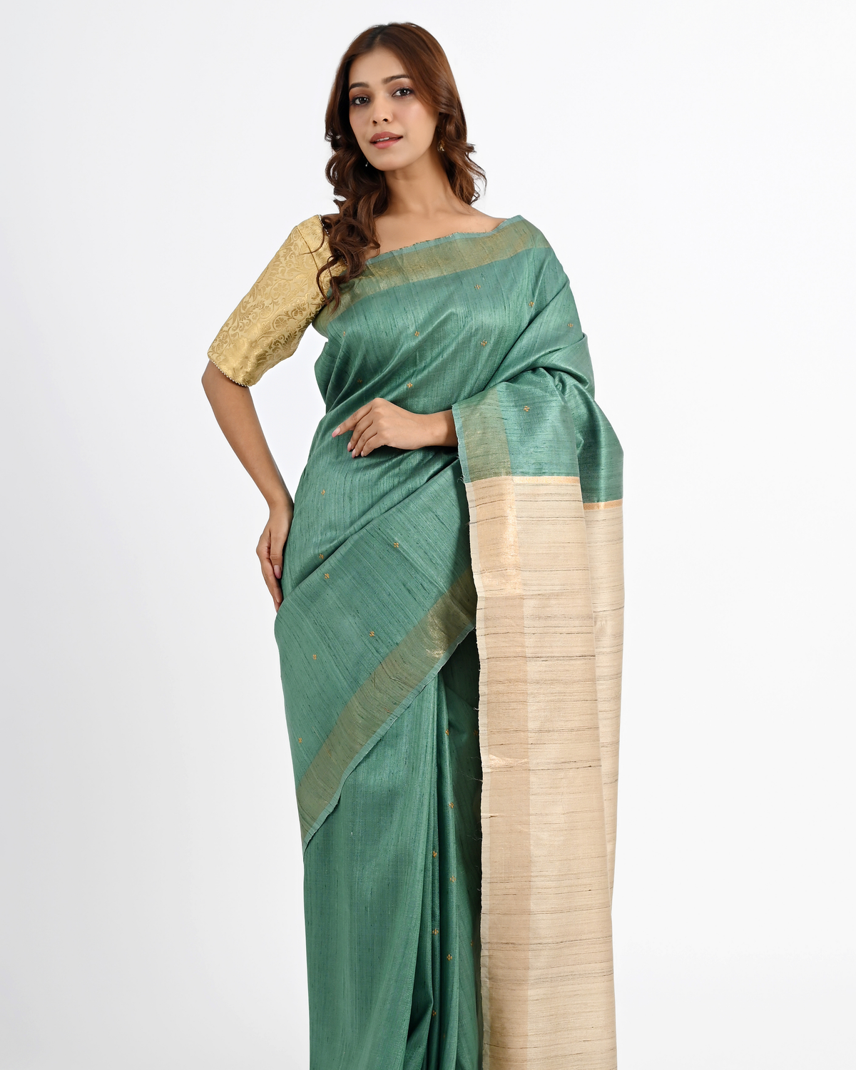 TEAL DUPION SILK SAREE WITH BEIGE PALLU