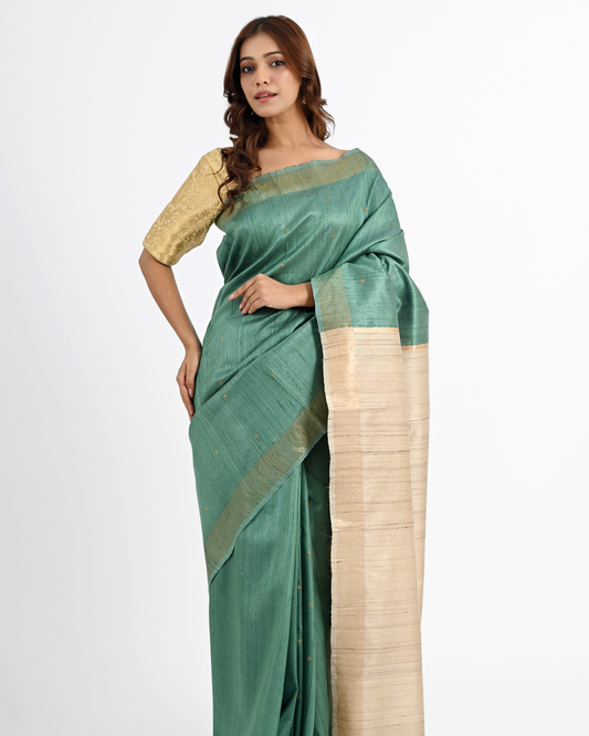 TEAL DUPION SILK SAREE WITH BEIGE PALLU