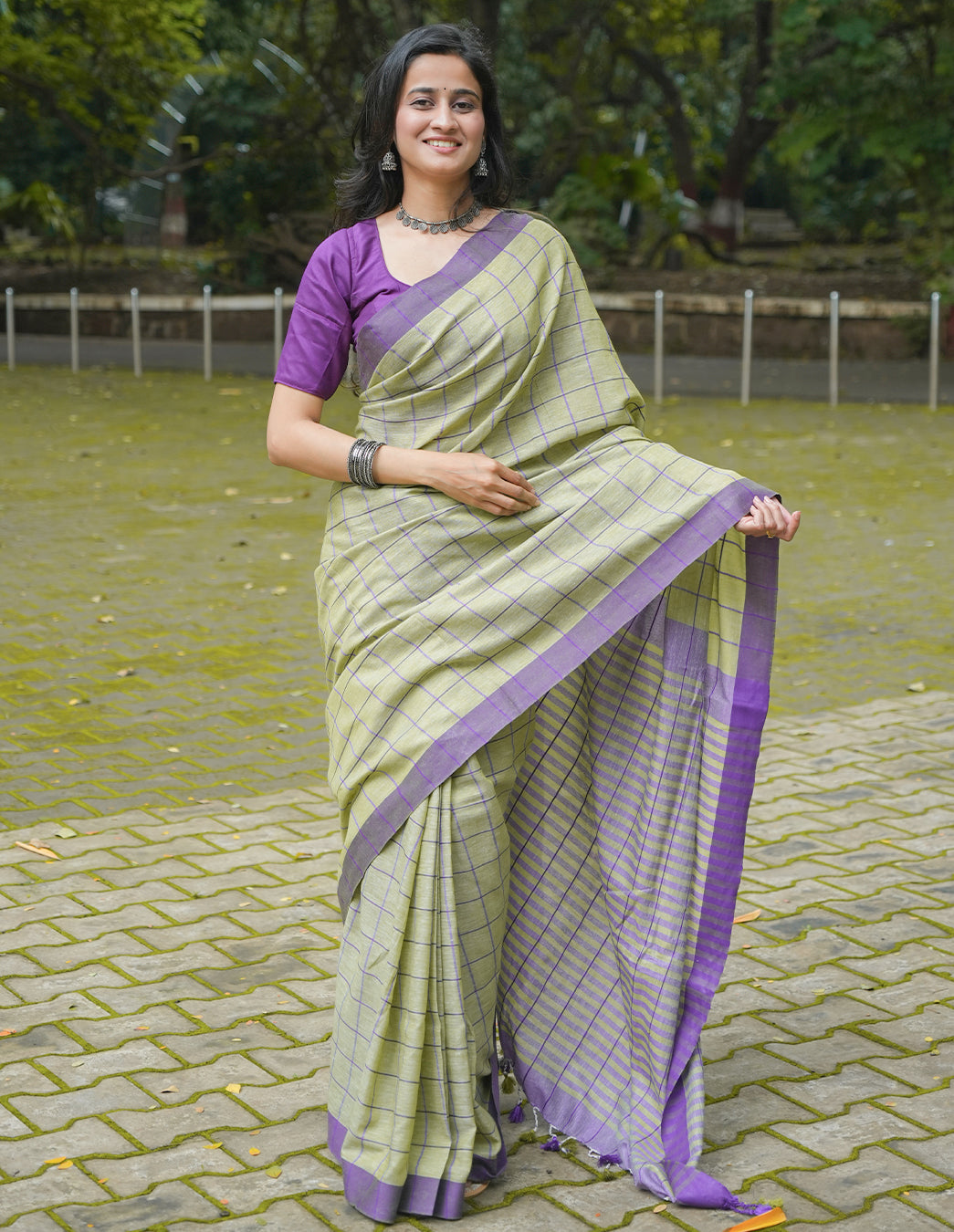 SAGE GREEN & PURPLE HANDWOVEN COTTON CHECKS SAREE