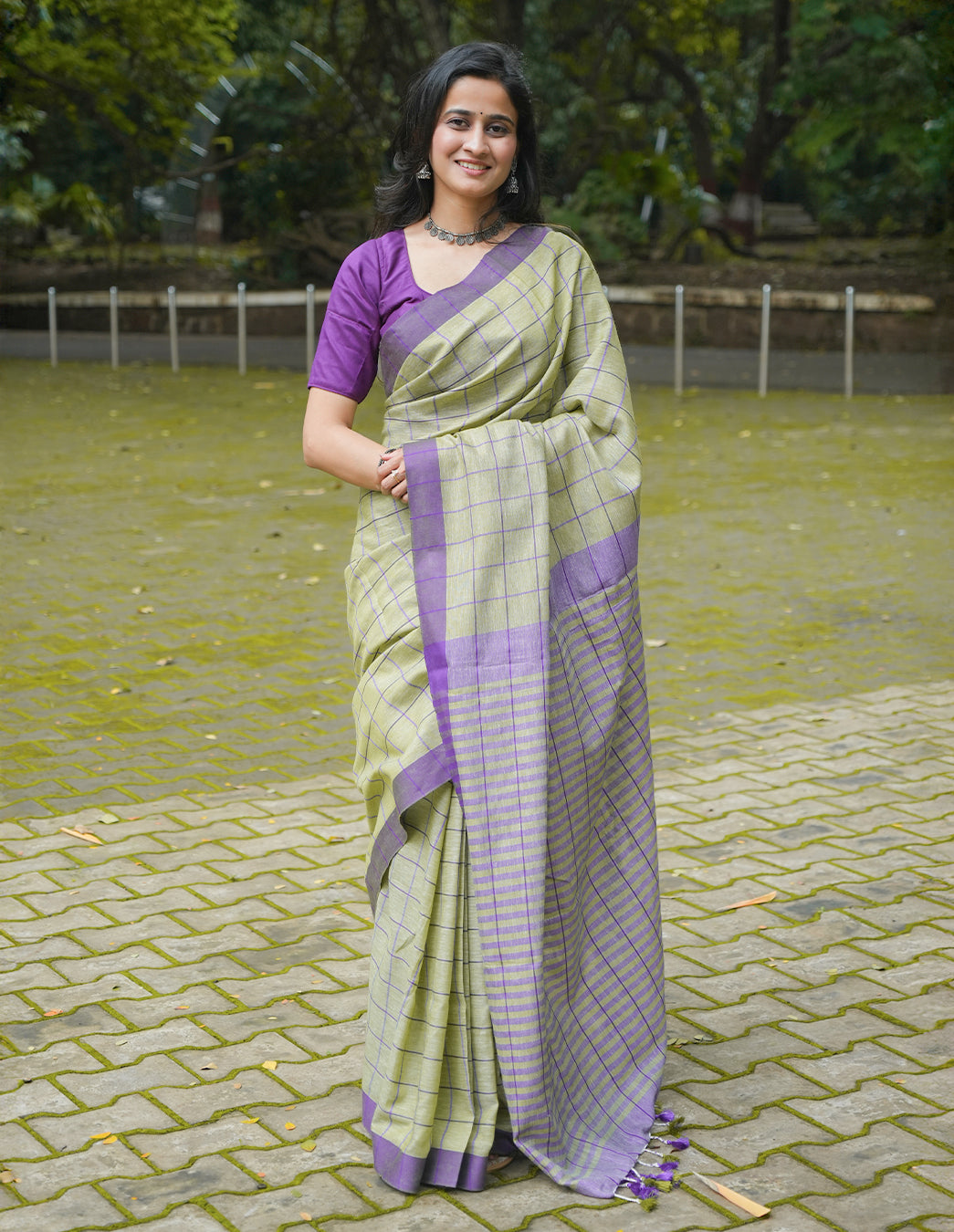 SAGE GREEN & PURPLE HANDWOVEN COTTON CHECKS SAREE