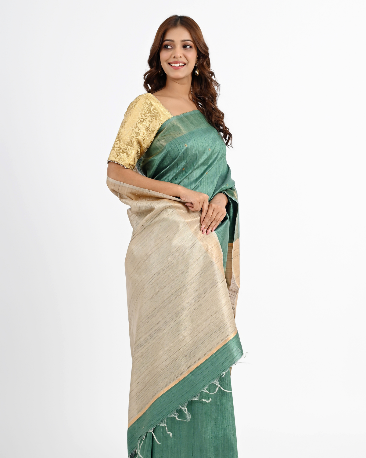 TEAL DUPION SILK SAREE WITH BEIGE PALLU