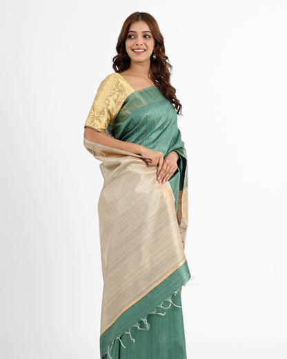 TEAL DUPION SILK SAREE WITH BEIGE PALLU
