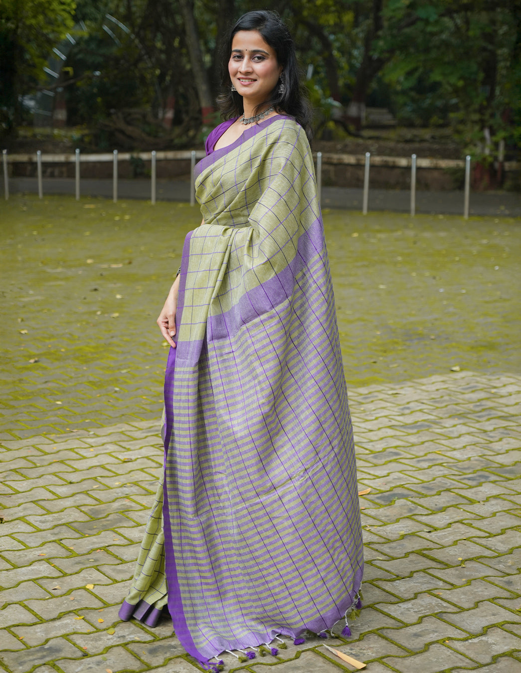 SAGE GREEN & PURPLE HANDWOVEN COTTON CHECKS SAREE