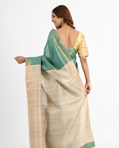 TEAL DUPION SILK SAREE WITH BEIGE PALLU