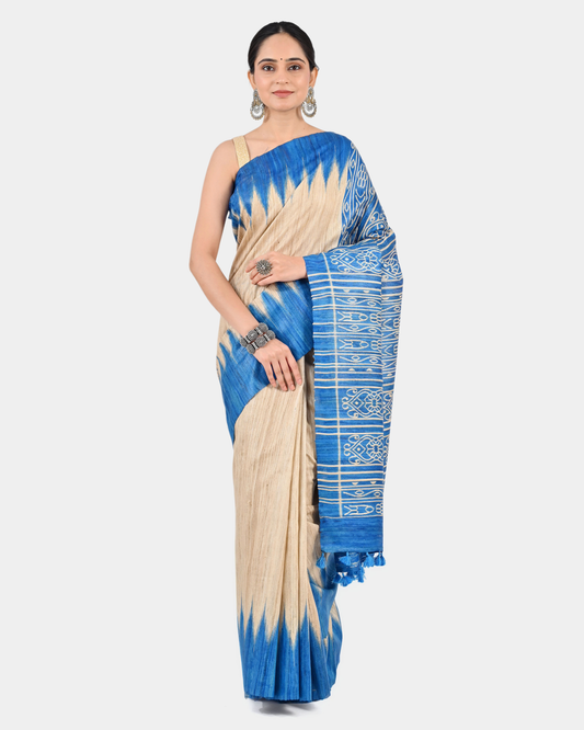BEIGE & BLUE GHICHA SILK SAREE WITH IKAT PRINT