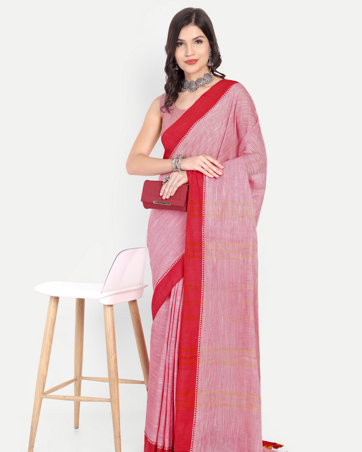 PINK & RED COTTON SLUB SAREE