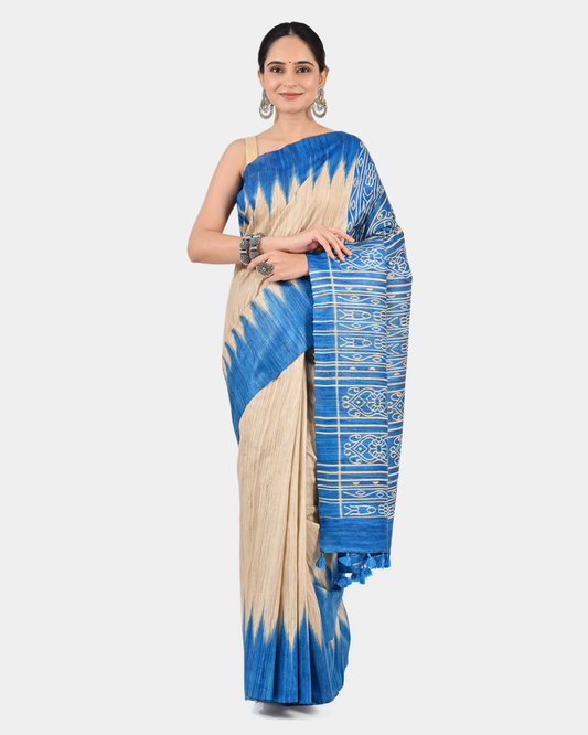 BEIGE & BLUE GHICHA SILK SAREE WITH IKAT PRINT