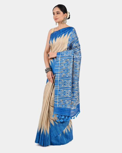 BEIGE & BLUE GHICHA SILK SAREE WITH IKAT PRINT