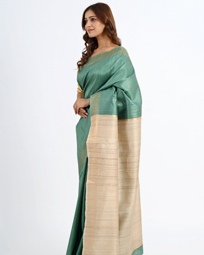 TEAL DUPION SILK SAREE WITH BEIGE PALLU