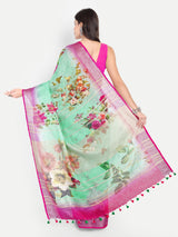 Vibrant Sea Green & Rani Pink Digital Print Linen Saree
