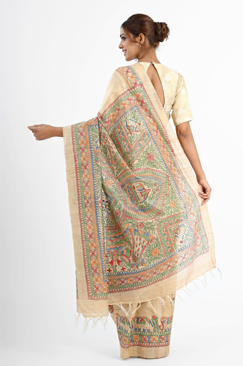 Artistic Beige Tussar Silk Saree with Hand-Painted Madhubani Art