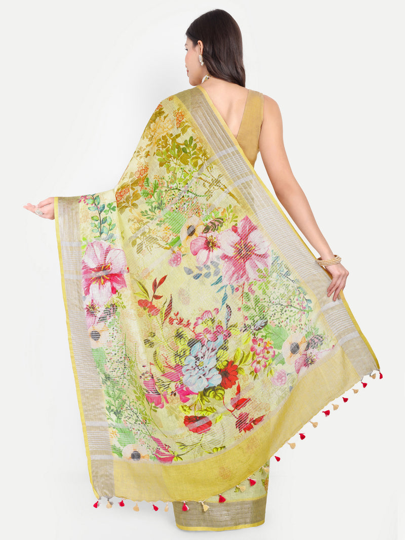 Sunny Yellow Floral Digital Print Linen Saree