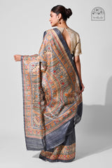Charcoal Grey Ghicha Silk Saree with Hand-Painted Madhubani Art | Handloom Indian Saree